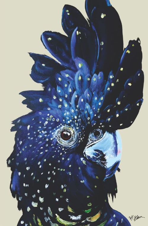 Introducing "Amelia" by Heylie Morris, an exquisite painting offered under the MEZ 505 brand. This Art Print features a striking parrot against a light background, boasting deep blue feathers with vibrant green and yellow accents and a prominent feathered crest. The bird’s eye is intricately detailed and expressive, while its beak showcases a mix of light and dark colors. Available on premium quality Matte Art Paper.