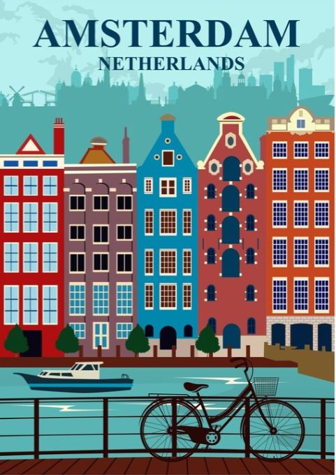 Amsterdam by Jorn Van Hezik," a travel print by TAP, illustrates the charm of Amsterdam, Netherlands with its colorful canal houses showcasing diverse architectural designs. In the foreground, a bicycle leans against a railing while a boat gently floats on the canal. The scene is set against hints of industrial elements in the distant background.