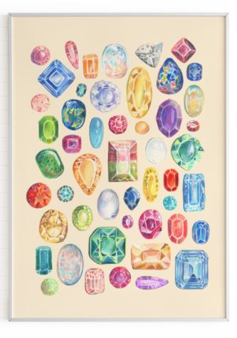 The "50 Up: Gay Gems" art print by Amy Blue from Blue Dog Posters' Featured Artists Collection, showcasing various colorful gemstones in different shapes and sizes arranged in a grid pattern against a light beige background. The gemstones include emeralds, sapphires, rubies, and amethysts, exhibiting facets and vibrant colors.