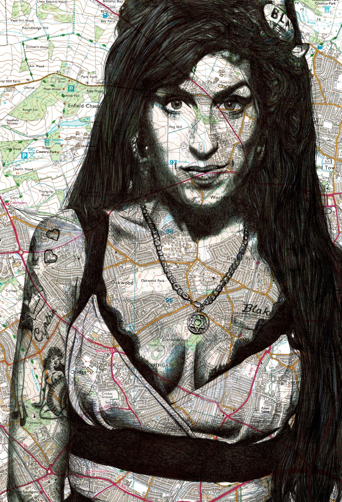 A black and white drawing of a person with long hair and tattoos, set against a detailed map background. The map is layered over the person's face and body, blending geographical elements with the portrait. This striking artwork, available as an art print on satin paper, has a textured, mixed-media appearance. It's titled **Amy Winehouse by The Art of the North**, brought to you by **fap**.