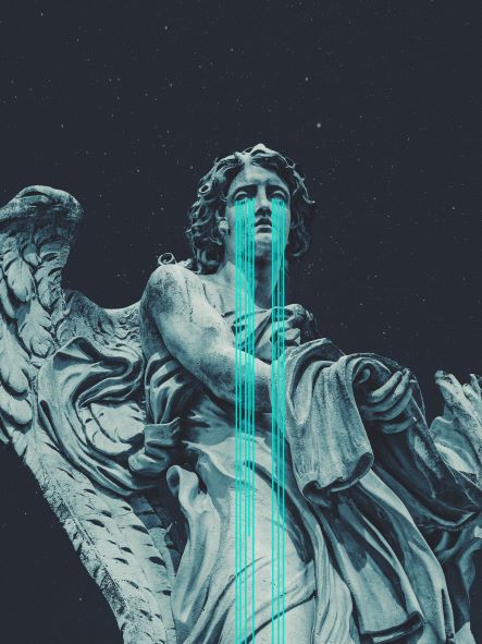 A stone statue of an angel with wings, draped in flowing robes, appears to be weeping neon blue tears against a dark starry background. As part of the Featured Artists Collection by Frank Moth, this art print, titled "Angel Came" and offered by Blue Dog Posters, creates a striking contrast with its bright blue tears against the classical and somber statue.