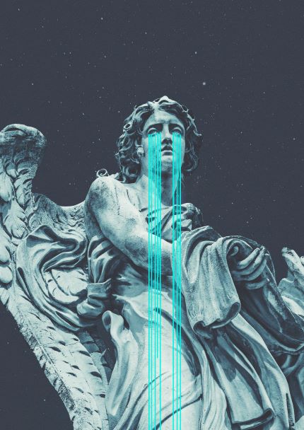 The Angel Came by Frank Moth A2 Print from Blue Dog Posters showcases a grayscale statue of an angel with vibrant blue neon-like streaks streaming down from its eyes, all set against a dark starry sky. This mesmerizing art print evokes a surreal, ethereal mood and is part of the Featured Artists Collection.