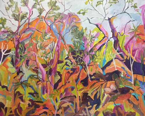 Arakwai National Park by Christine Read, a vibrant art print from MEZ 514, captures an abstract forest scene with trees and plants in bright, warm colors like reds, oranges, and purples. The sky is a soft blue, and bold, intersecting lines create energy and movement. This masterpiece comes alive on matte art paper.