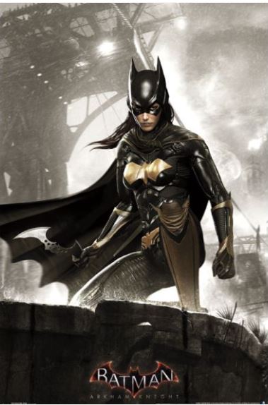 A character dressed as Batgirl stands in a powerful pose against a dark, industrial backdrop. She dons a black and gold suit with a cape, and her mask features bat-like ears. The high-quality printing on premium 150gsm gloss paper ensures every detail is captured beautifully in this "DC Comics Game - Arkham Knight Bat Girl" poster by GAM 023.