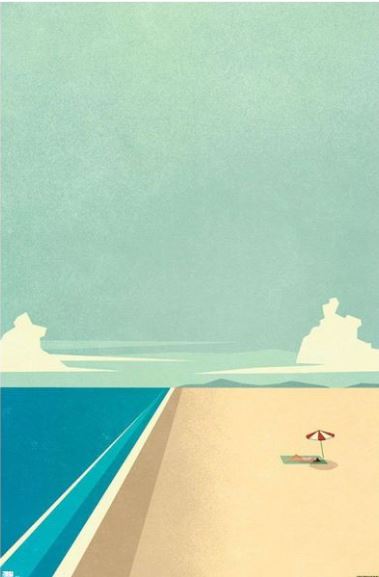 Illustrated beach scene titled "Art Deco Beach" by ART 048, featuring a vast stretch of sand, a clear turquoise sea on the left, and a blue sky with a few clouds. A lone person is relaxing under a red-and-white umbrella on a beach towel near the bottom right. This Large Regular Poster is printed on premium 150gsm gloss paper for high-quality detail.