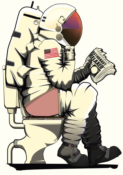 The "Astronaught on the Toilet A5" by Wyatt9, from the fap brand, features a cartoon of an astronaut in a white spacesuit sitting on a toilet and reading a newspaper titled "Spacewalk Planned." The spacesuit boasts an American flag on the arm and includes a reflective visor on the helmet. Part of the Little Art series, this piece is perfect for mini prints or deluxe postcard frames.