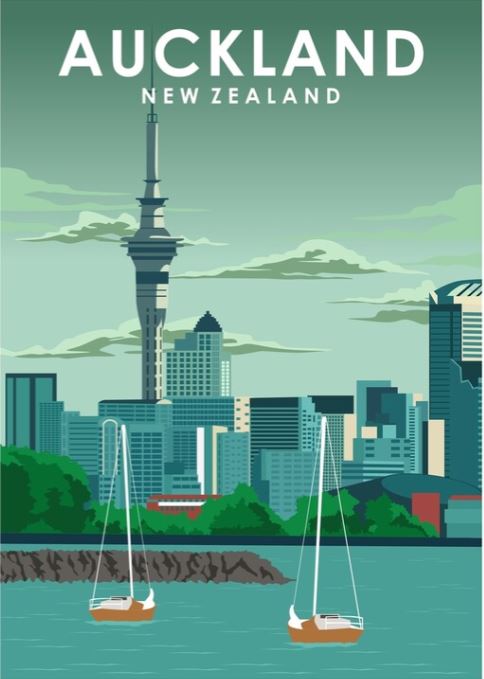 Introducing **Auckland by Jorn Van Hezik**, a captivating illustration by TAP. This artwork showcases Auckland, New Zealand, with its iconic skyline featuring prominent buildings and the Sky Tower. Sailboats gracefully navigate the tranquil waters in the foreground, while a lush green landscape enhances the background. The partly cloudy sky evokes a vintage advertising art print style, all beautifully rendered on semi-gloss poster paper.