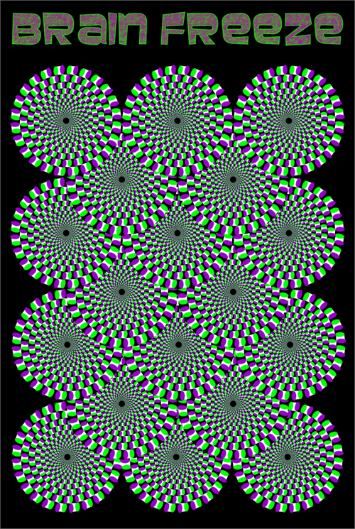 The "Brain Freeze" poster from ART 003 features an optical illusion with multiple circular patterns that resemble spirals. The circles, adorned with alternating green, purple, white, and black checkered designs, create a mesmerizing spinning effect. At the top of the image, "Brain Freeze" is prominently displayed in a green futuristic font. Printed on premium 150gsm gloss paper, this captivating piece is perfect for urban art lovers.