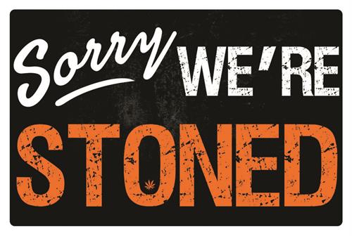 The "SORRY WE'RE STONED" sign from ALT 018 humorously stands out with its bold, distressed white and orange text against a black background. Part of the Alternative Poster series, it's an eye-catching piece for any Life & Humour Collection.