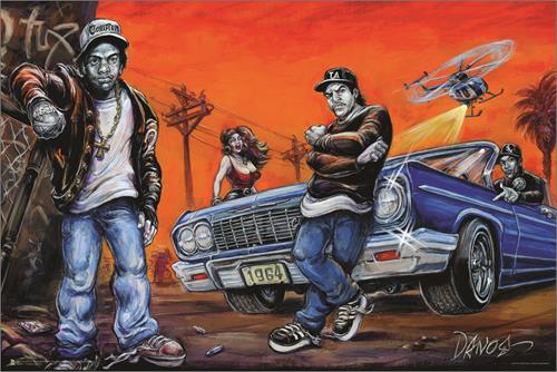 The vibrant, stylized illustration titled "Compton by Dano" from the brand MUS features three men in streetwear near a classic blue car with a "1964" license plate, set against an intense, sunset-colored urban backdrop. A woman and a helicopter are in the background, adding a dramatic effect to the scene.