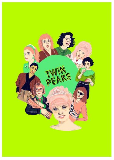 Illustration of eight characters from "Twin Peaks," each depicted in bright colors arranged around the show's title in the center. This Twin Peaks by Amy Blue features a vibrant green background, with characters dressed in various outfits reflecting the show's retro aesthetic. Part of our Featured Artists Collection on Satin Paper. From fap.