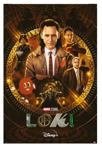Promotional poster for the Marvel Studios' series "Loki" on Disney+. This MTV 025 poster titled "Loki - Glorious Purpose" features a central figure wearing a brown jacket, surrounded by other characters and symbols against a clockwork-themed background. The "Loki" and Disney+ logos are displayed at the bottom.