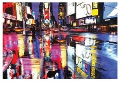 A colorful, bustling city street at night, illuminated by bright neon advertisements and large regular posters. The wet pavement reflects the vibrant lights, creating a dynamic, scenic collection full of movement and energy. The location appears to be NAT 038 Times Square.