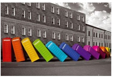 A row of brightly colored phone booths, arranged in a domino-like effect, leans against each other in front of a grayscale brick building. This vibrant cityscape poster features red, orange, yellow, green, blue, purple, and pink phone booths under a partly cloudy sky. Ideal for the Scenic Collection. The product is "London UK Phoneboxes Falling" by NAT 054.