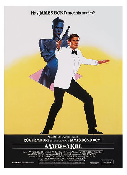 Movie poster for "A View to a Kill" featuring Roger Moore as James Bond. Bond is in a white tuxedo with a gun, standing in front of a blue-tinged figure. Above, text reads, "Has JAMES BOND met his match?" Below are cast and crew details—an iconic piece from our MEZ 241 James Bond - A View to a Kill Large Decor Series Art Prints.