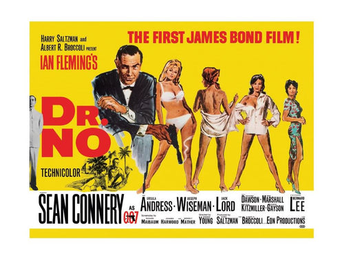 A vintage movie poster for "Dr. No" featuring James Bond, played by Sean Connery. He’s holding a gun, surrounded by women in swimwear. The text reads, "The First James Bond Film!" along with credits for producers, actors, and other notable figures. Perfect for any Pop Culture Themed Art Print collection! This is the James Bond - Dr No Yellow from MEZ 246.