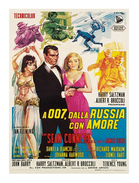 Vintage movie poster for "James Bond - From Russia With Love" from the MEZ 243 Large Decor Series, showcasing illustrated characters in elegant outfits, including a man in a tuxedo and a woman in a pink dress. Features action scenes, vibrant colors, and highlights Sean Connery's name. Perfect for any Pop Culture Themed Art Print collection.