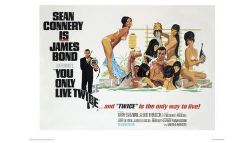Movie poster for "You Only Live Twice." Features Sean Connery as James Bond in a suit holding a gun, surrounded by women in swimsuits in a tropical setting. Part of the MEZ 250 James Bond - You Only Live Twice Bath Collection, it reads, "Sean Connery is James Bond in Ian Fleming's You Only Live Twice... and 'Twice' is the only way to live!