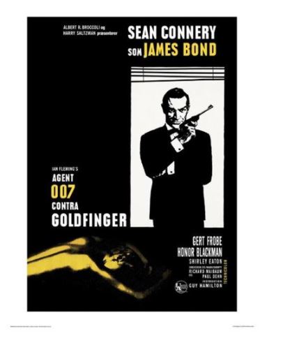 Poster for the James Bond film "Goldfinger." Features Sean Connery wearing a suit and holding a gun in front of his face. The text includes the actors' names and film credits, with a dominant black-and-yellow color scheme highlighting the film's title at the bottom. A must-have pop culture themed art print for any contemporary art collection. Product Name: James Bond - Goldfinger Swedish Brand Name: MEZ 253