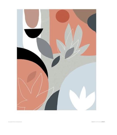Abstract artwork featuring geometric shapes and organic forms in a color palette of muted red, gray, black, and white. Simplicity II by Summer Thornton includes overlapping circles, leaves, and curves creating a balanced composition, perfect for any Blue Dog Posters Small Decor Series Art Prints collection.
