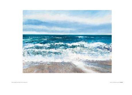 A Pull of The Tide by Joanne Last of a beach scene featuring waves crashing onto the shore. The sky is mostly clear with a few scattered clouds. The ocean water displays various shades of blue and green, with white foam from the breaking waves. Part of our Decor Series Collection, this piece is printed on premium quality art paper by Blue Dog Posters.