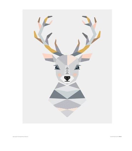 Geometric illustration of a deer head composed of various angular shapes in shades of gray, white, pink, and yellow, with prominent antlers and minimalistic detailing. Part of the Decor Series, Stag by Little Design Haus from Blue Dog Posters stands against a solid light gray background.