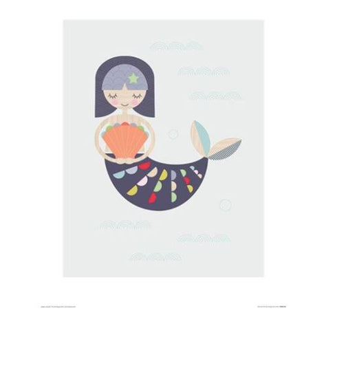 A beautiful art print, Mermaid by Little Design Haus from Blue Dog Posters, of a mermaid with short purple hair holding an orange seashell in front of her chest. Her colorful tail features a mosaic of shapes in various hues. Set against a light, wave-patterned background, this creature-themed art exudes serenity and elegance.