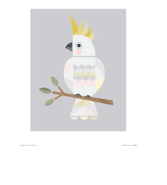 Illustration of a white cockatoo with a yellow crest perched on a branch with green leaves. This beautiful art print, "Cockatoo by Little Design Haus" from Blue Dog Posters, features minimalistic and geometric style, set against a light gray background. Ideal for any decor series, it adds charm to your creature-themed collection.