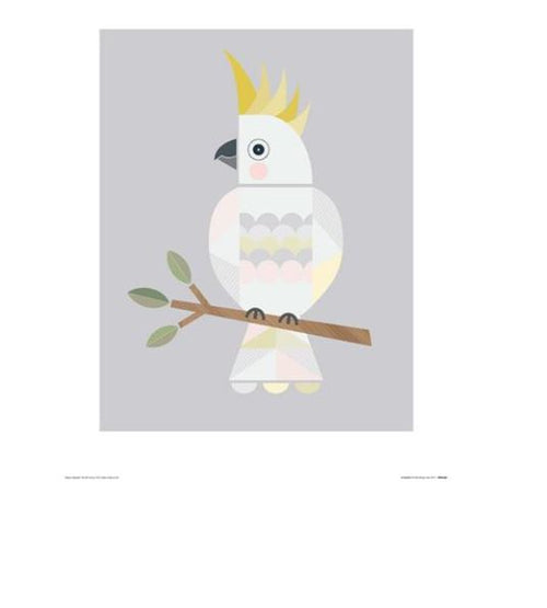 Illustration of a white cockatoo with a yellow crest perched on a branch with green leaves. This beautiful art print, "Cockatoo by Little Design Haus" from Blue Dog Posters, features minimalistic and geometric style, set against a light gray background. Ideal for any decor series, it adds charm to your creature-themed collection.