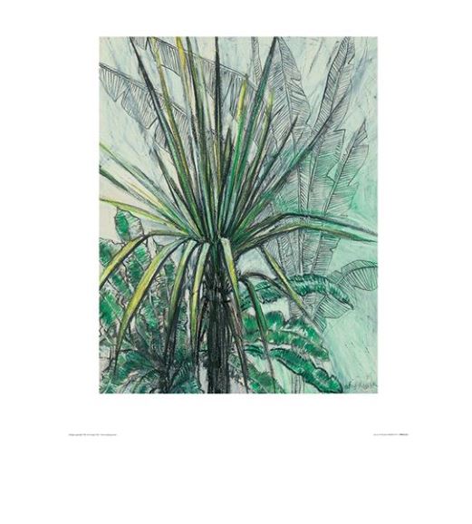 A vibrant illustration of tropical foliage featuring long, green leaves radiating from the center against a background of large, banana-like leaves. This Yucca by Shyama Ruffell by Blue Dog Posters has a textural, sketch-like quality with detailed shading and a soft green and blue background.