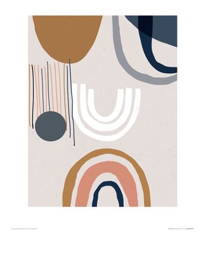 Simplicity I by Summer Thornton from Blue Dog Posters, featuring various geometric shapes, including arches in white, tan, and pink, vertical lines in brown, and a dark circle. The shapes are arranged on a light beige background.