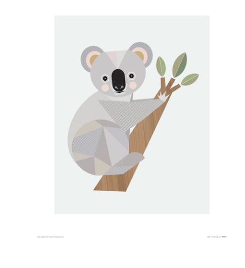 A beautiful art print showcasing a geometric illustration of a koala sitting on a tree branch. The koala, composed of various shapes and shades of grey, white, and black, contrasts with the brown branch adorned with green leaves. "Koala by Little Design Haus" by Blue Dog Posters is perfect for your small decor series.