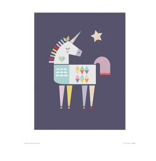 Illustration of a stylized unicorn with a geometric design on a dark purple background. Part of the Decor Series, Unicorn by Little Design Haus from Blue Dog Posters has a colorful, striped mane and tail, a heart on its cheek, and a star above its head. Its body features various colorful shapes and legs in different colors—a beautiful art print for creature-themed decor.