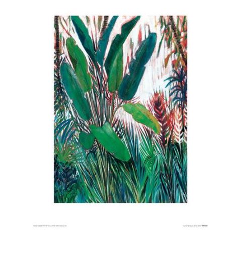 A vibrant painting features lush greenery with large green leaves and various plants. The background includes shades of red, blue, and white, enhancing the tropical garden feel. This beautiful art print’s mix of colors and textures creates a lively Flora-themed composition: "Just So by Shyama Ruffell" from Blue Dog Posters.