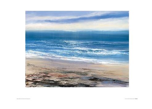 A serene seascape painting from Blue Dog Posters' Scenic Art Print collection, "Into the Blue Blue Sea by Joanne Last," depicts calm waves meeting the shore under a cloudy sky. The water reflects shades of blue and white, while the sandy beach transitions from light to dark tones. The scene evokes a peaceful and tranquil atmosphere.