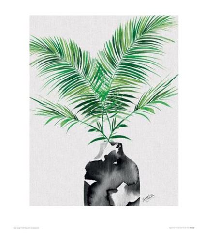 A beautiful minimalist painting features a black-and-white abstract vase holding green palm fronds, set against a plain, light background. Majesty Palm Plant by Summer Thornton from Blue Dog Posters blends simplicity with a touch of nature's vibrancy, embodying flora-themed art print elegance.