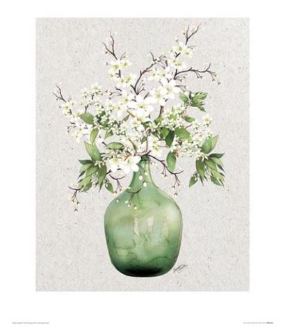 A beautiful art print, *Vase IV by Summer Thornton* from Blue Dog Posters depicts a green glass vase filled with delicate white flowers and leafy branches. The vase and floral arrangement are centered on a light, textured background, making it a perfect addition to any flora-themed decor series.