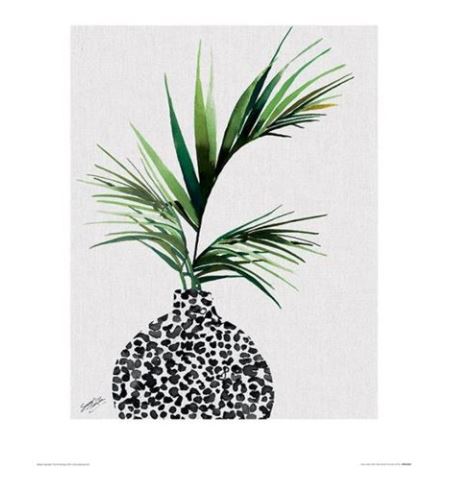 An illustration from the Summer Decor Series Art Prints features a potted plant with long, green leaves extending upwards. The pot, adorned with a black and white leopard print pattern, adds flair to this Areca Palm Plant by Summer set against a plain white background by Blue Dog Posters.
