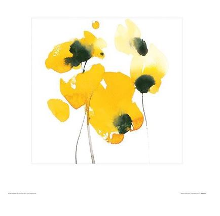 A minimalist watercolor art print featuring abstract yellow flowers with dark green centers and thin gray stems set against a white background. The brushstrokes are loose and create a light, airy feel, making it an ideal piece of flora-themed home decor: Papaver Nudicaule by David Ross from Blue Dog Posters.