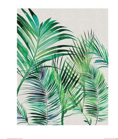A vibrant painting of various green palm leaves extending in different directions against a light beige background. The leafy fronds exhibit different shades of green, with some hints of blue, creating an energetic and lush botanical artwork from the Decor Series Collection on premium quality 200gsm matte art paper: "Palm Leaves by Summer Thornton" from Blue Dog Posters.