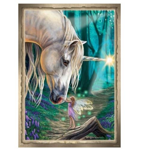 A unicorn with a flowing white mane bends down to meet a small fairy girl with butterfly-like wings in an enchanted forest. The girl, standing on a tree stump, reaches out to touch the unicorn as magical lights glow around them, beautifully captured in our Lisa Parker Print - Fairy Whispers by MEZ on premium quality Matte Art Paper.