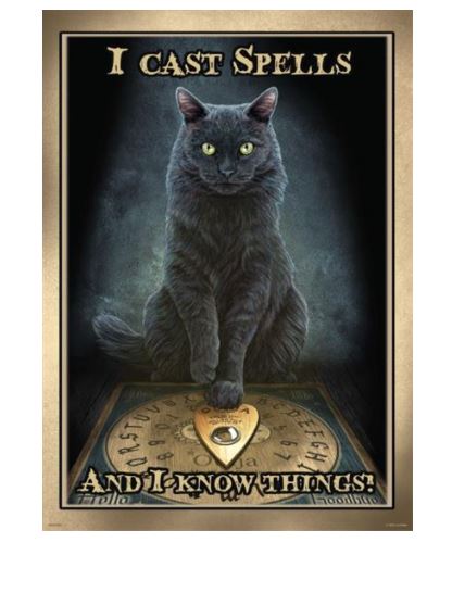 A black cat with bright yellow eyes sits on a Ouija board, its paw resting on a planchette. The words "I CAST SPELLS AND I KNOW THINGS!" grace the top and bottom of this magical print from our Decor Series, available on premium matte art paper. The background is dark and mystical. Introducing the Lisa Parker Print - I cast Spells by MEZ.