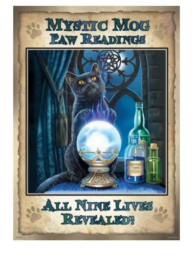 A Lisa Parker Print - Mystic Mog Blue from the MEZ Decor Series shows a black cat with piercing eyes sitting at a table with a glowing crystal ball. The text reads "Mystic Mog Paw Readings" at the top and "All Nine Lives Revealed!" at the bottom. This stunning Art Print is on high-quality Matte Art Paper, complete with potion bottles beside the crystal ball.