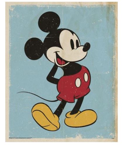 A vintage-style illustration of Mickey Mouse against a light blue, distressed background. Mickey is standing with one hand behind his head and the other on his hip, wearing his classic red shorts with white buttons, yellow shoes, and white gloves. This pop culture themed art print, Mickey Mouse - Retro Print by MEZ 070, is on premium quality matte art paper.