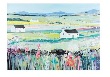 A vibrant Janet Bell - Across the Fields Scenic Art Print by Blue Dog Posters depicts a countryside scene with rolling hills and houses scattered among fields. The foreground features blooming wildflowers in various colors, while the background includes soft blue hills under a bright sky, all printed on premium quality 200gsm Matte Art Paper.