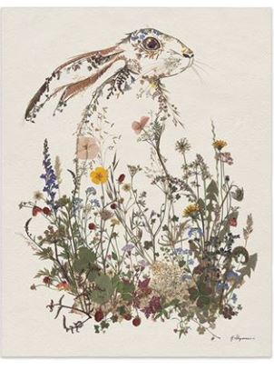 The Helen Ahpornsiri - Hiding Hare by GAL208 is a whimsical creature-themed art print featuring a right-facing rabbit crafted from flowers and plants. This captivating decor piece seamlessly blends into the background and is printed on matte art paper, perfect for any collection.
