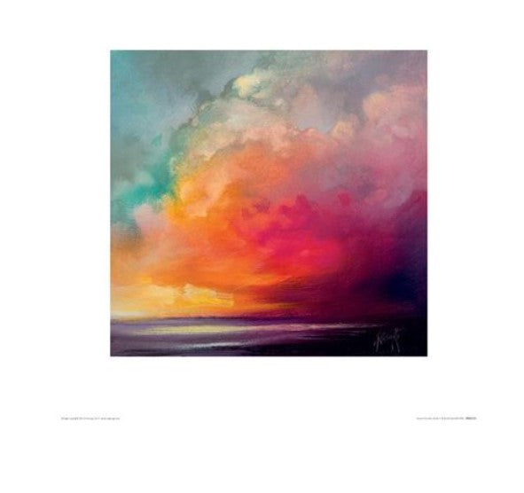 A vibrant painting from the Blue Dog Posters Sunset Cumulus Study by Scott Naismith depicts a sunset over the ocean, with a dramatic sky filled with swirling clouds in shades of orange, pink, purple, and hints of teal. The horizon is dark, contrasting with the warm, glowing colors above.