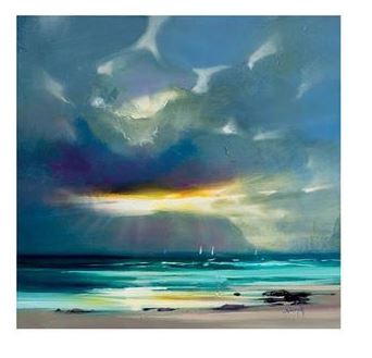 The Scott Naismith - West Coast Blues painting from Brand Y's Contemporary Art Collection depicts a serene beach at sunset with calm waves and distant sailboats. Dark clouds partially fill the sky, allowing streaks of sunlight to break through, casting a glow over the water and sandy shore. Cool tones dominate the scene.