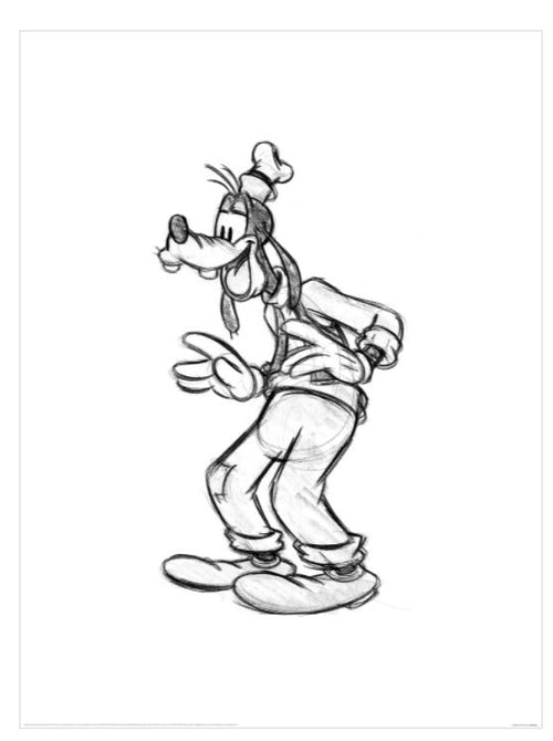 Check out our "Goofy Sketch" from Blue Dog Posters. This black-and-white illustration features the iconic animated cartoon dog standing in an awkward posture. With long ears, a long snout, and dressed in a hat, vest, pants, and shoes, the character strikes a unique pose with one hand raised near his chest while the other is lowered by his side. Part of our Pop Culture Themed Art Print collection.