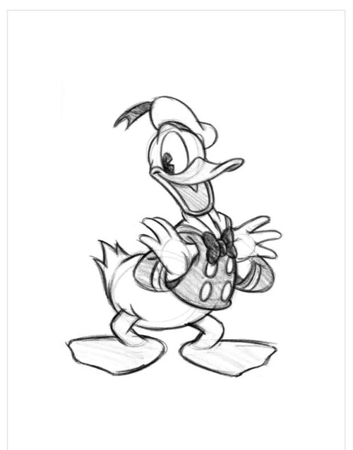 A pencil drawing titled "Donald Duck Sketch" features the iconic cartoon duck standing upright. He is adorned with a sailor hat, a bow tie, and a sailor shirt with two buttons. His wings are raised near his chest, and he has a cheerful expression. This pop culture themed art print from Blue Dog Posters is perfect for any Large Decor Series Art Prints collection.